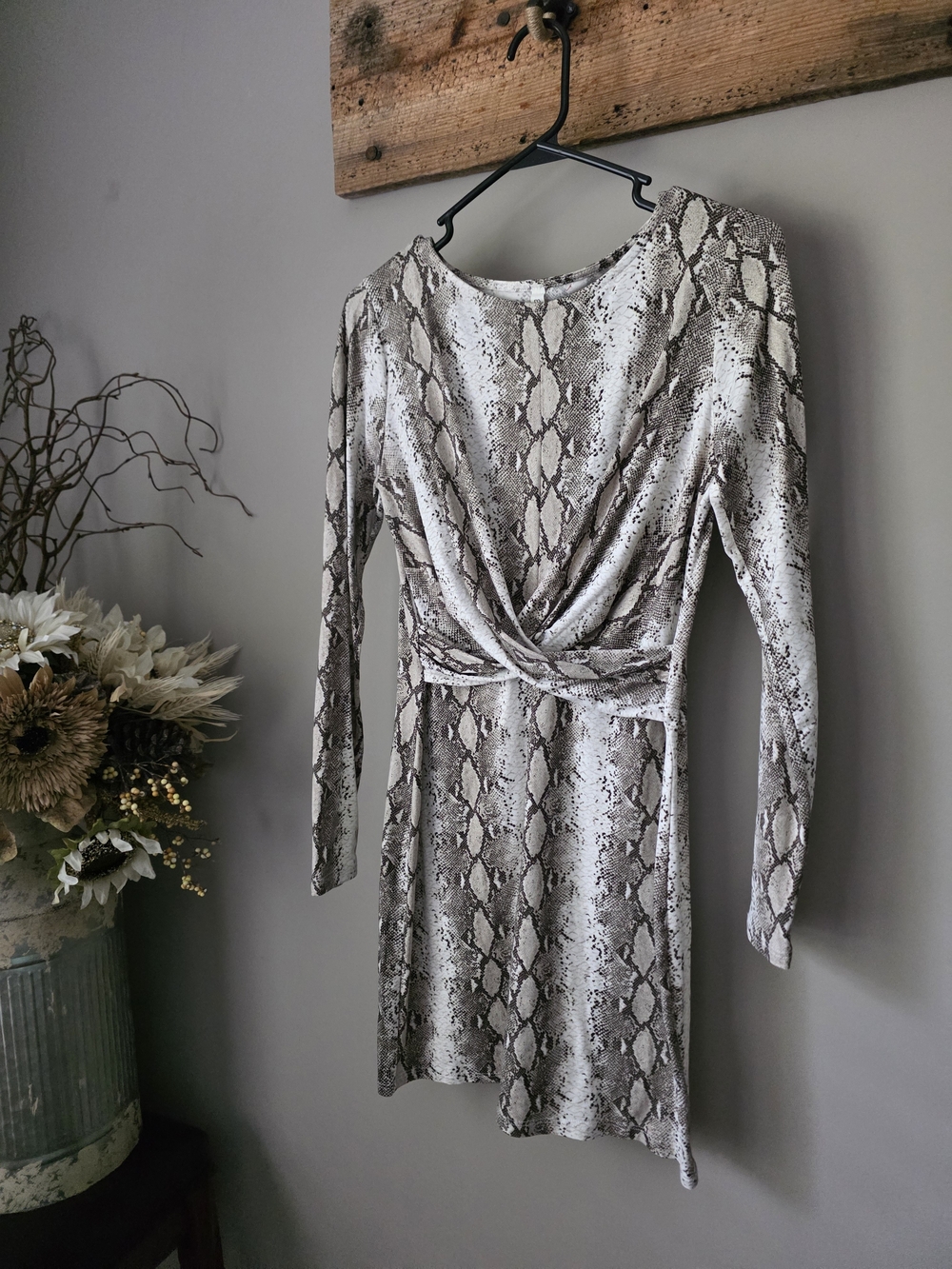 mts Snake-Print Long Sleeve Twist Front Dress - Gray Tan & Cream
